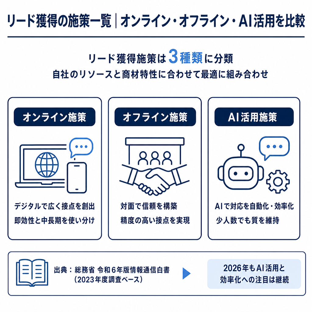 2. リード獲得の施策一覧|オンライン・オフライン・AI活用を比較の図解