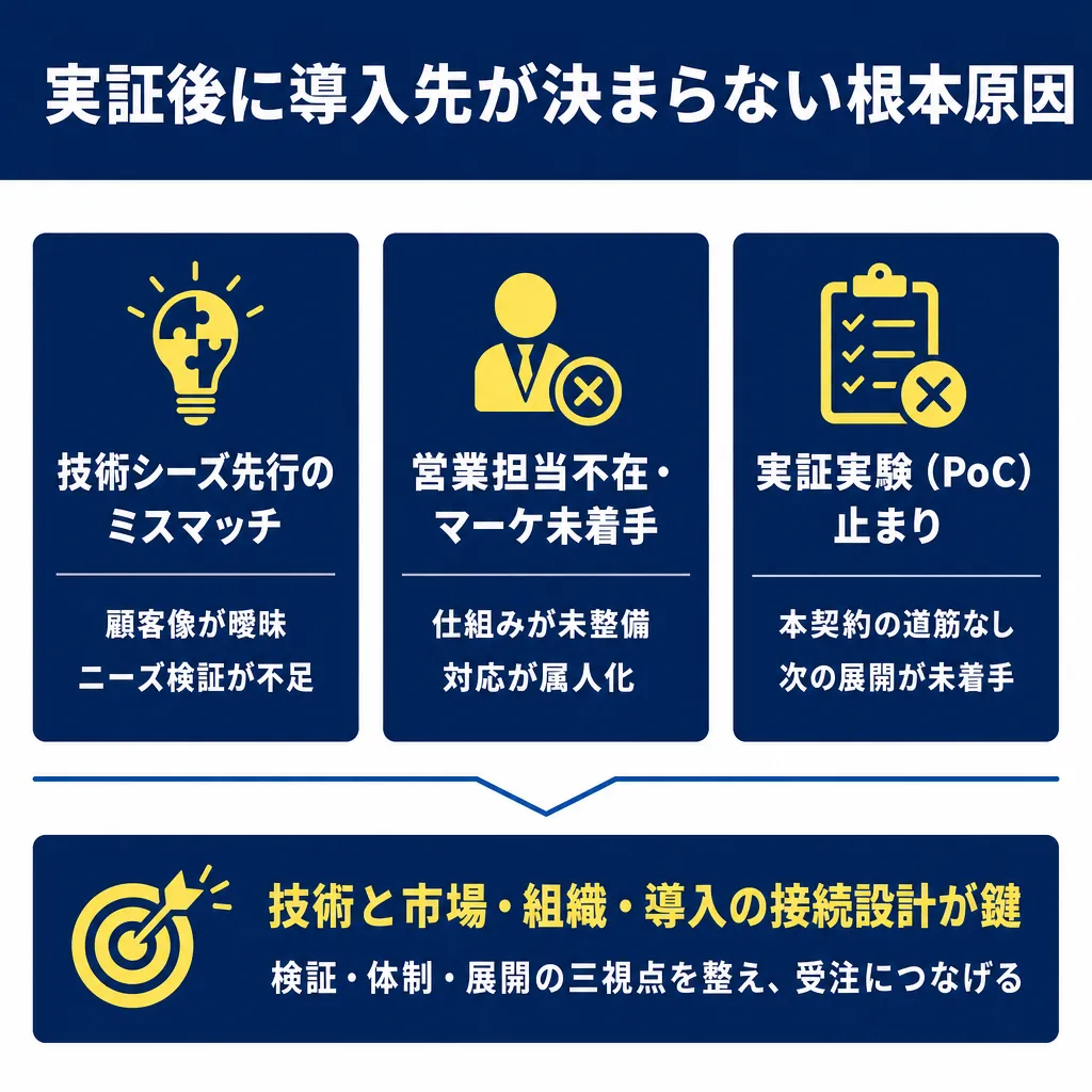 三つの原因カードが横並びに配置され、下部の結論ボックスへ矢印でつながる構成。各カードにアイコンと箇条書きあり。