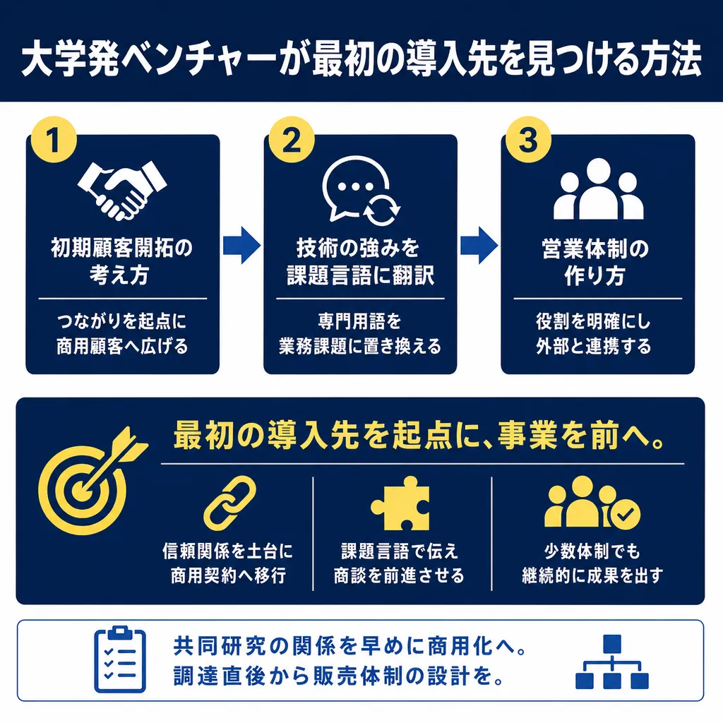 3ステップの矢印フロー図と、信頼関係・課題言語・少数体制の3要素を示すアイコン群が縦に並ぶ図解。