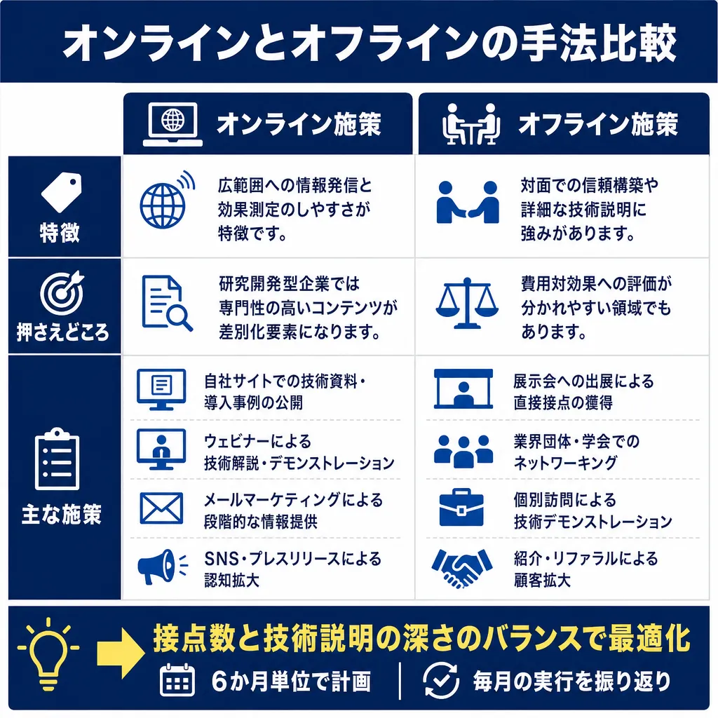 オンラインとオフラインの手法比較表。特徴・押さえどころ・主な施策の3行に分け、各4項目を左右2列で示す。