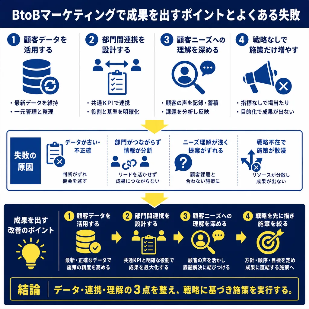4つの成功ポイントと失敗原因を上下に対比し、改善のポイント4項目と結論を下段にまとめた図解。