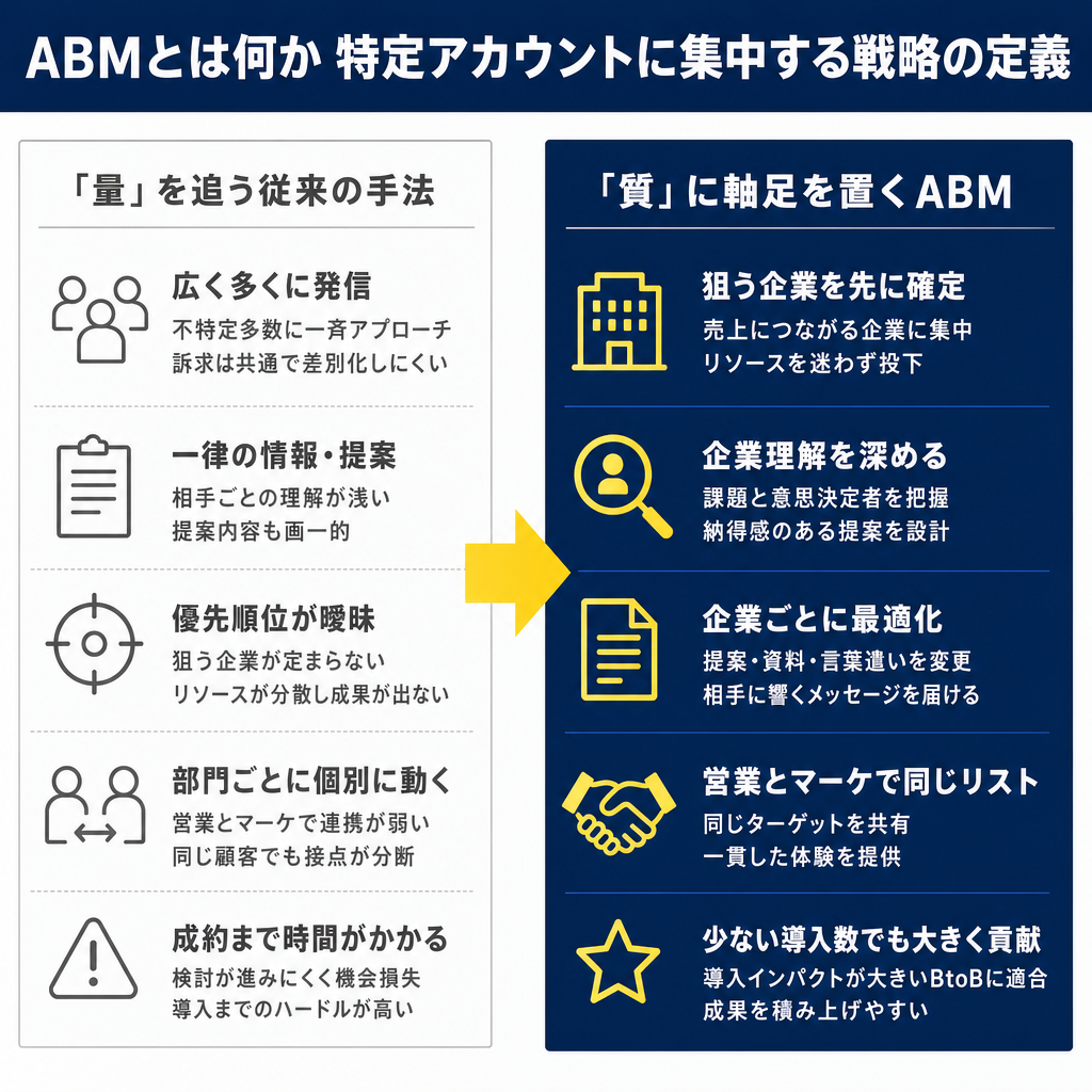 左列に従来の「量」を追う5つの課題、右列にABMの「質」重視の5つの特徴を対比形式で並べた図。