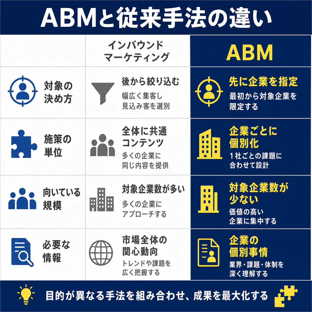 4行2列の比較表。対象の決め方・施策の単位・向いている規模・必要な情報の項目ごとに、インバウンドマーケティングとABMの