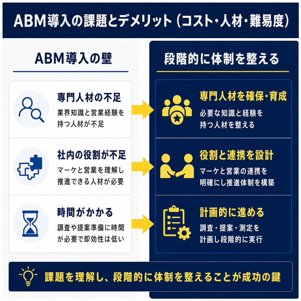 左列にABM導入の3つの壁、右列に対応策を矢印でつなぐ対比構造の図解。人材・役割・時間の順に並ぶ。