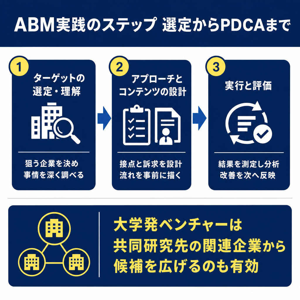 3ステップの図解。①ターゲットの選定・理解、②アプローチとコンテンツの設計、③実行と評価が矢印でつながり、下部に大学発ベ
