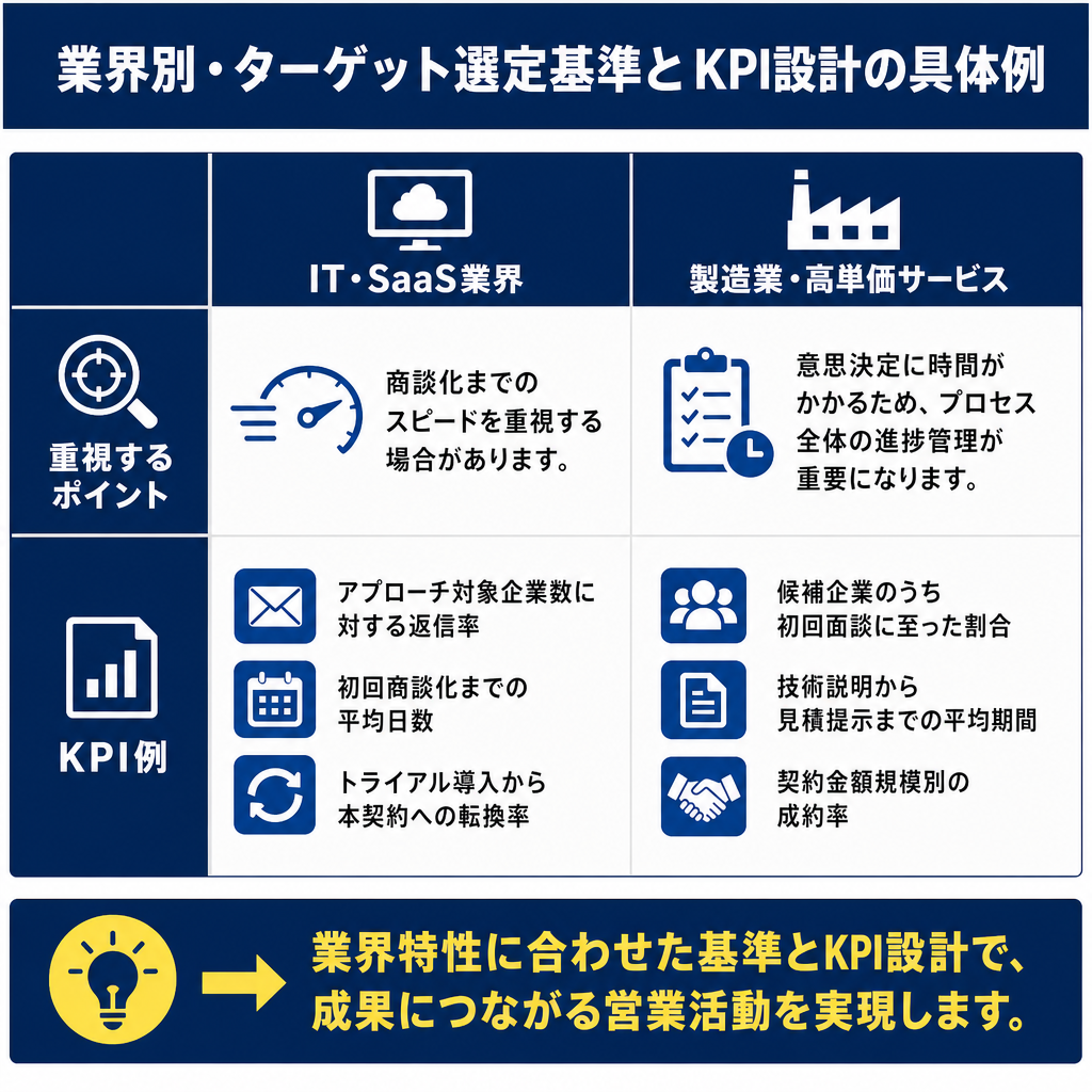 IT・SaaS業界と製造業・高単価サービスを列に、重視するポイントとKPI例を行に整理した2列2行の比較表。