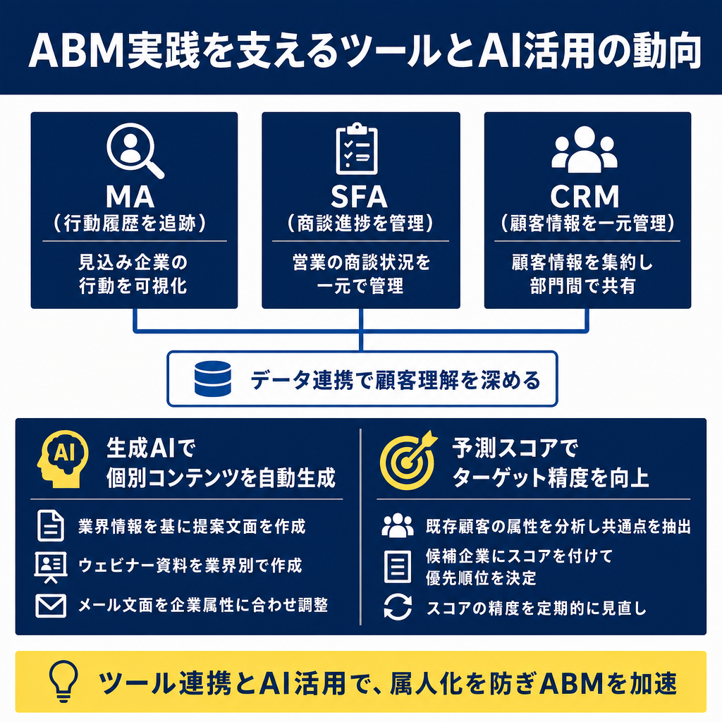 MA・SFA・CRMの三ツールがデータ連携し、生成AIによる個別コンテンツ自動生成と予測スコアによるターゲット精度向上の