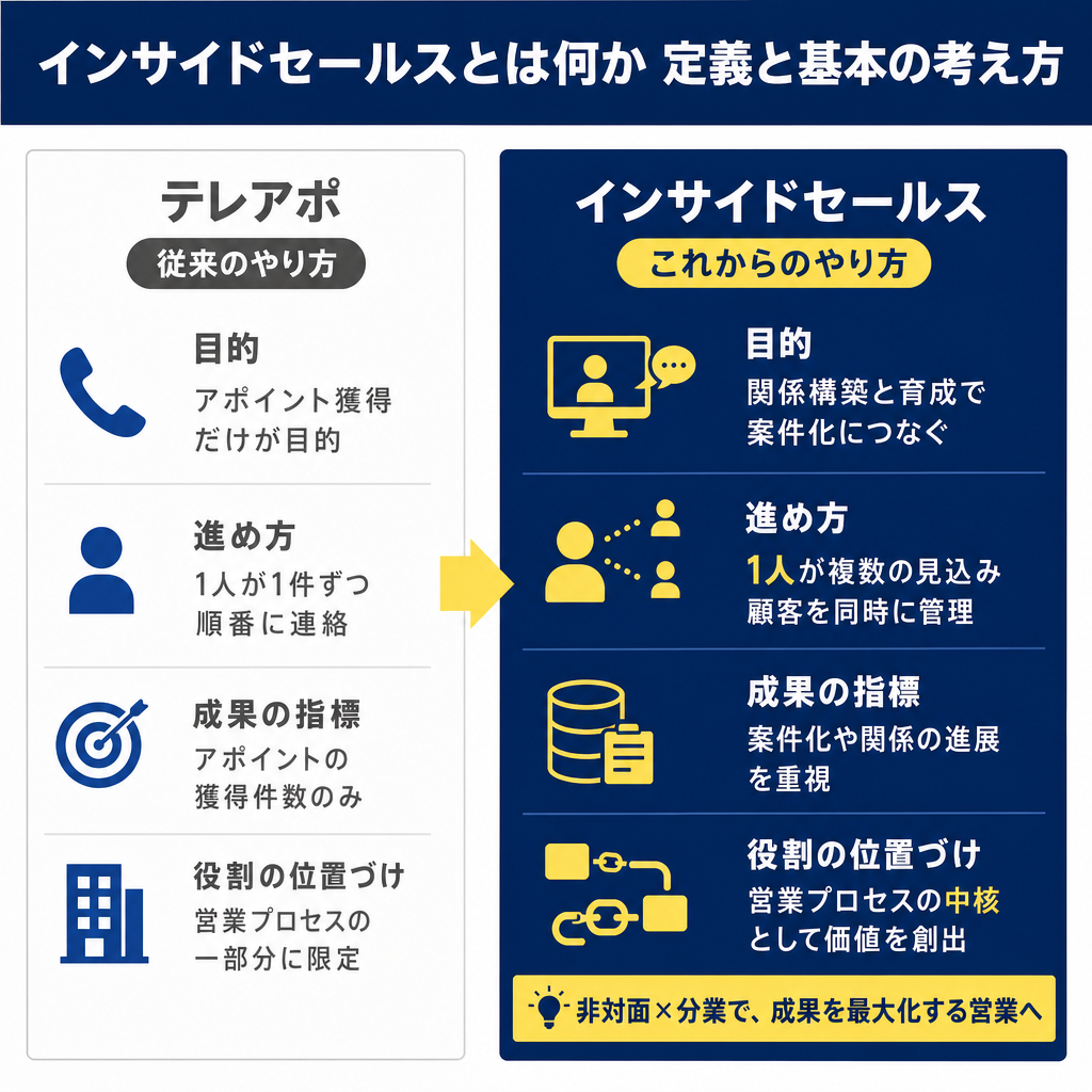 左列にテレアポ（従来）、右列にインサイドセールス（これから）を並べ、目的・進め方・成果の指標・役割の位置づけの4項目を対