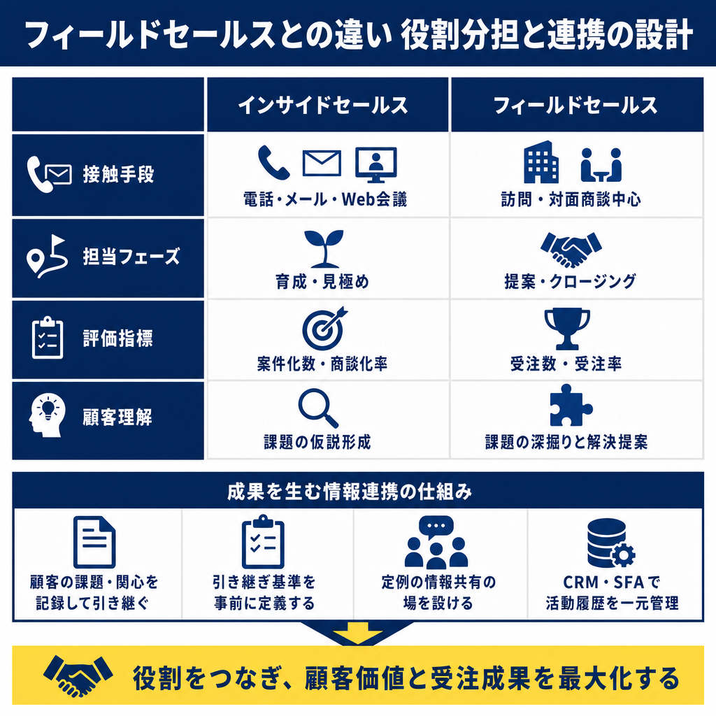 インサイドセールスとフィールドセールスを接触手段・担当フェーズ・評価指標・顧客理解の4項目で比較した表と、情報連携の4つ
