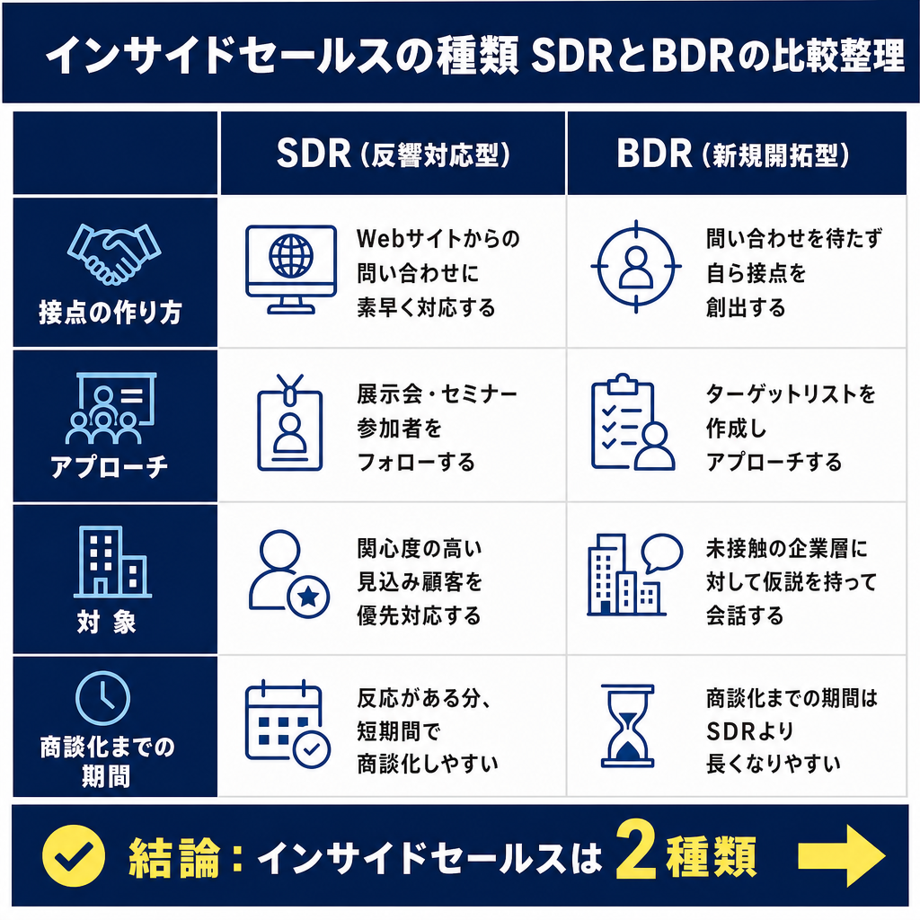 SDRとBDRを接点の作り方・アプローチ・対象・商談化までの期間の4項目で比較した表。