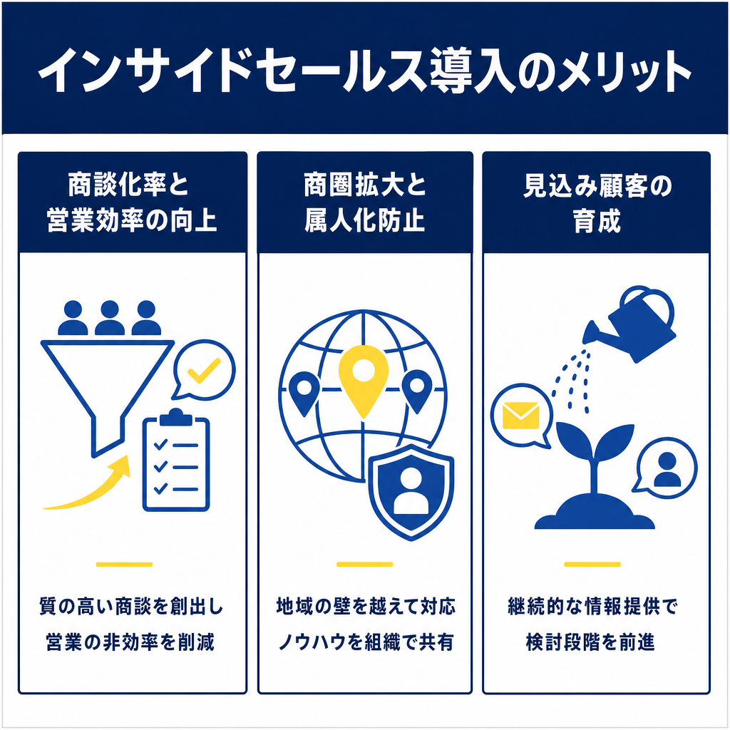 3列構成の図解。左から「商談化率と営業効率の向上」「商圏拡大と属人化防止」「見込み顧客の育成」の順にアイコンと説明文が並