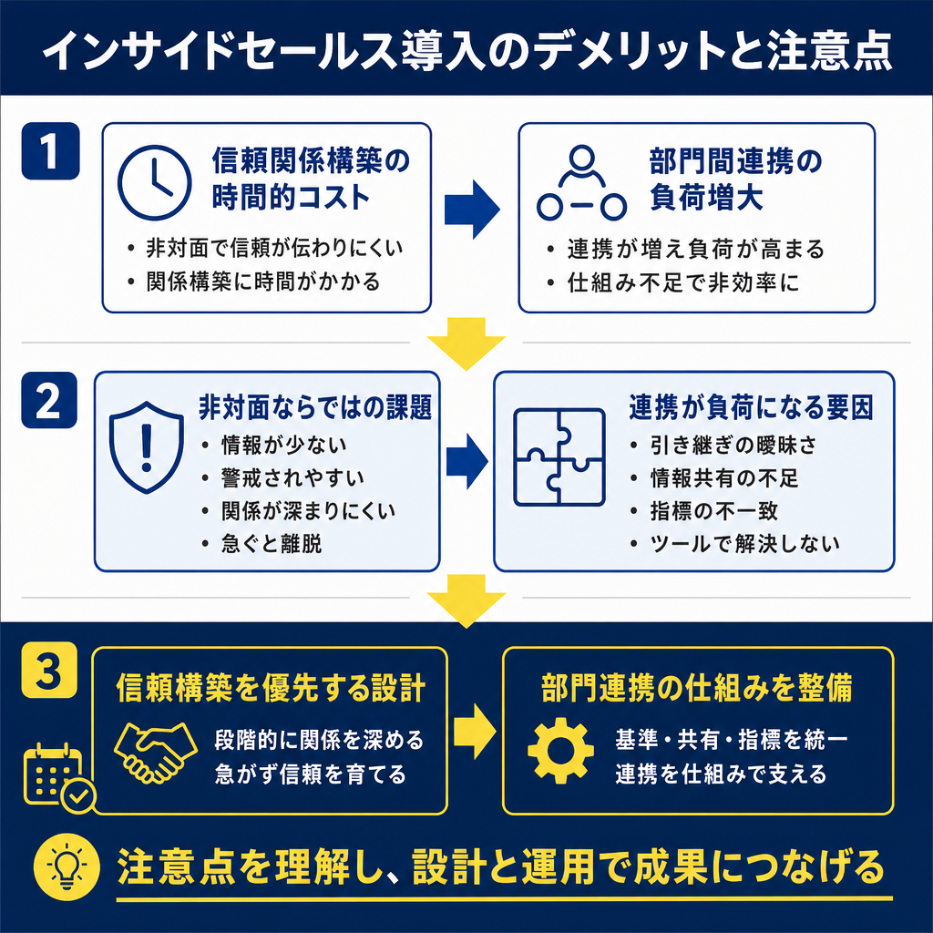 3ステップ構成の図解。信頼関係構築の時間的コストと部門間連携の負荷増大を示し、非対面の課題と連携が負荷になる要因を列挙し