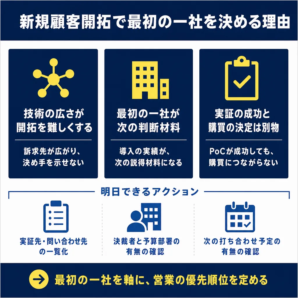 3つの理由(技術の広さ・最初の一社・実証と購買)と3つの明日できるアクションを図解で並べた構成。