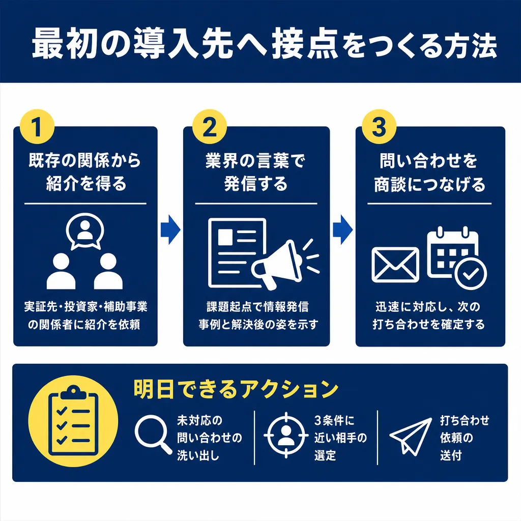 3ステップの横並びフロー図と明日できるアクション欄で構成。各ステップに見出し・アイコン・説明文を配置。
