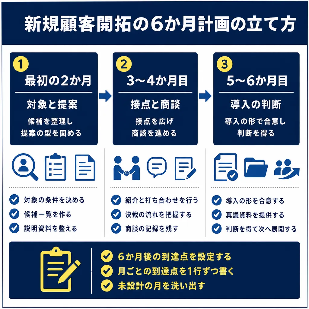 3列の段階図。左から「最初の2か月:対象と提案」「3〜4か月目:接点と商談」「5〜6か月目:導入の判断」と並び、各列に実