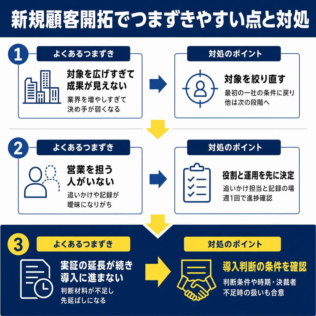 3つのつまずきと対処を番号順に並べた図。対象の広げすぎ・担当不在・実証延長の各問題と解決策を左右に示す。