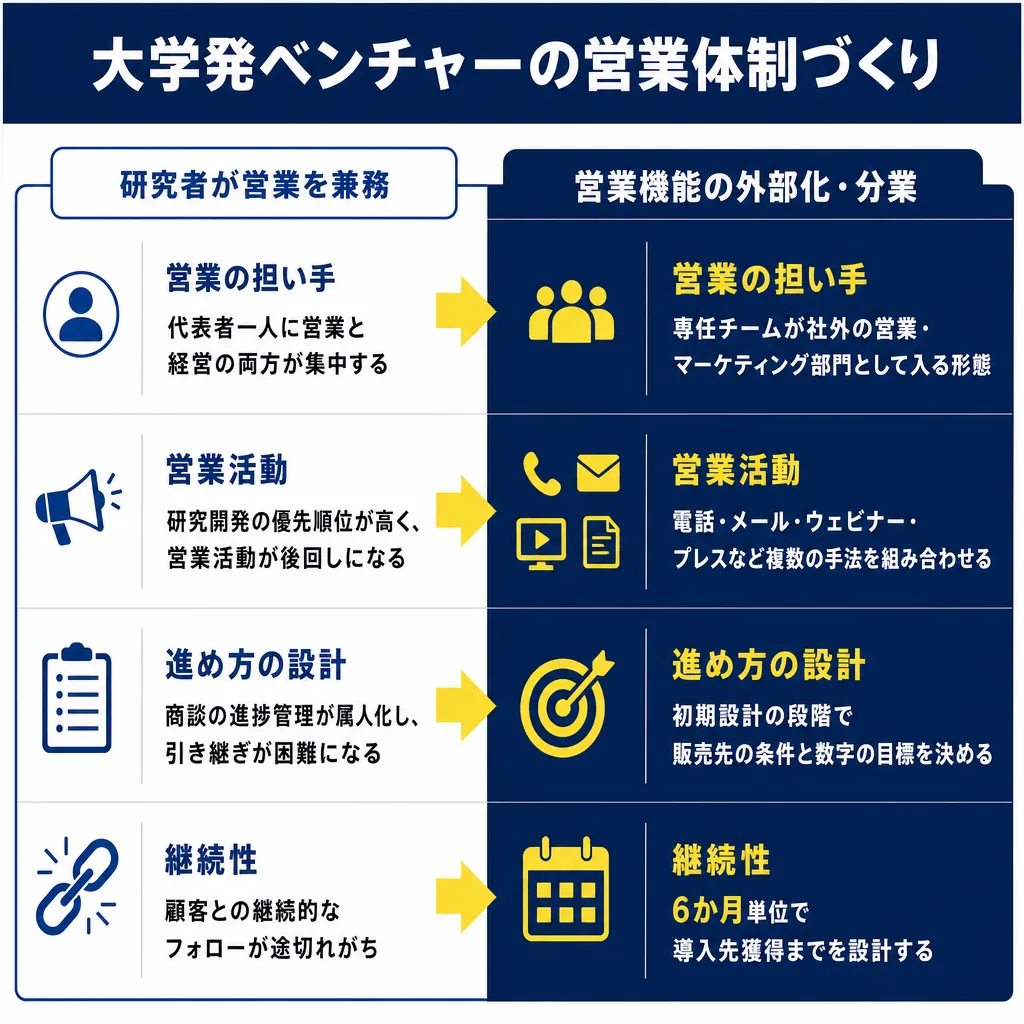 左列に研究者兼務の課題4項目、右列に外部化・分業の対応策4項目を矢印でつなげた比較図。