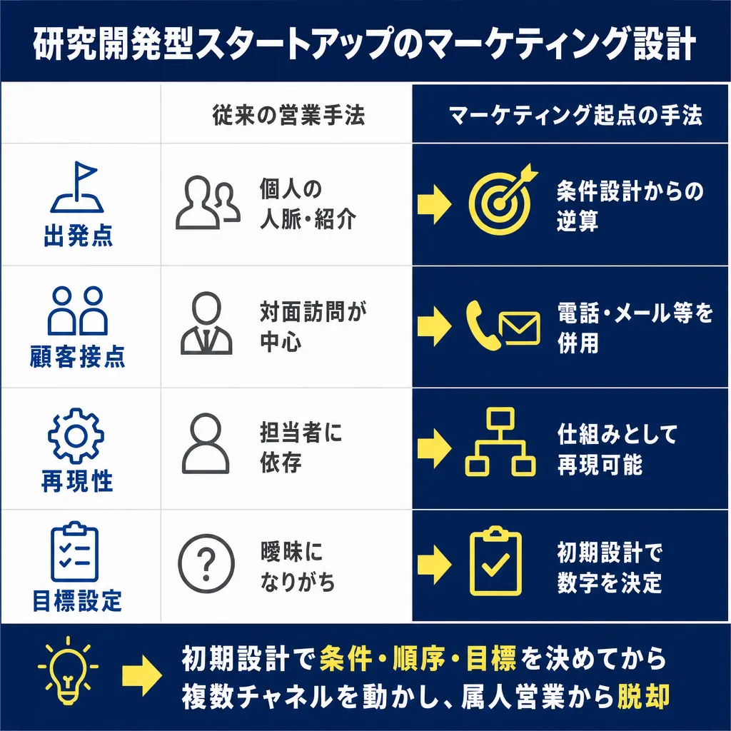 4行2列の比較表。出発点・顧客接点・再現性・目標設定の各項目で従来の営業手法とマーケティング起点の手法をアイコン付きで対